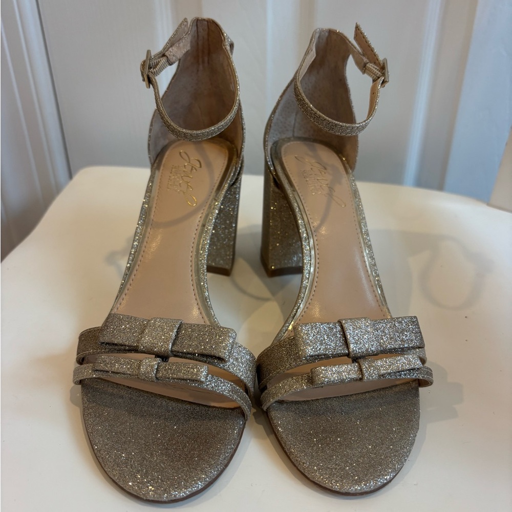 Gold Glitter Block Heel Sandals with Ankle Strap